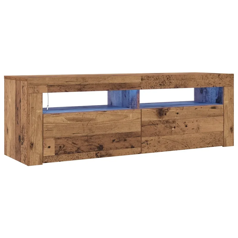 Meuble TV design moderne avec lumières LED rangement 120 x 35 x 40 cm ambiance cosy en bois d'ingénierie vieux bois 02_0050846