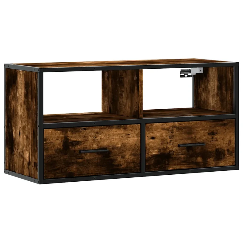 Meuble TV design industriel mural 80 x 31 x 39,5 cm avec grand espace de rangement en bois chêne fumé 02_0049627