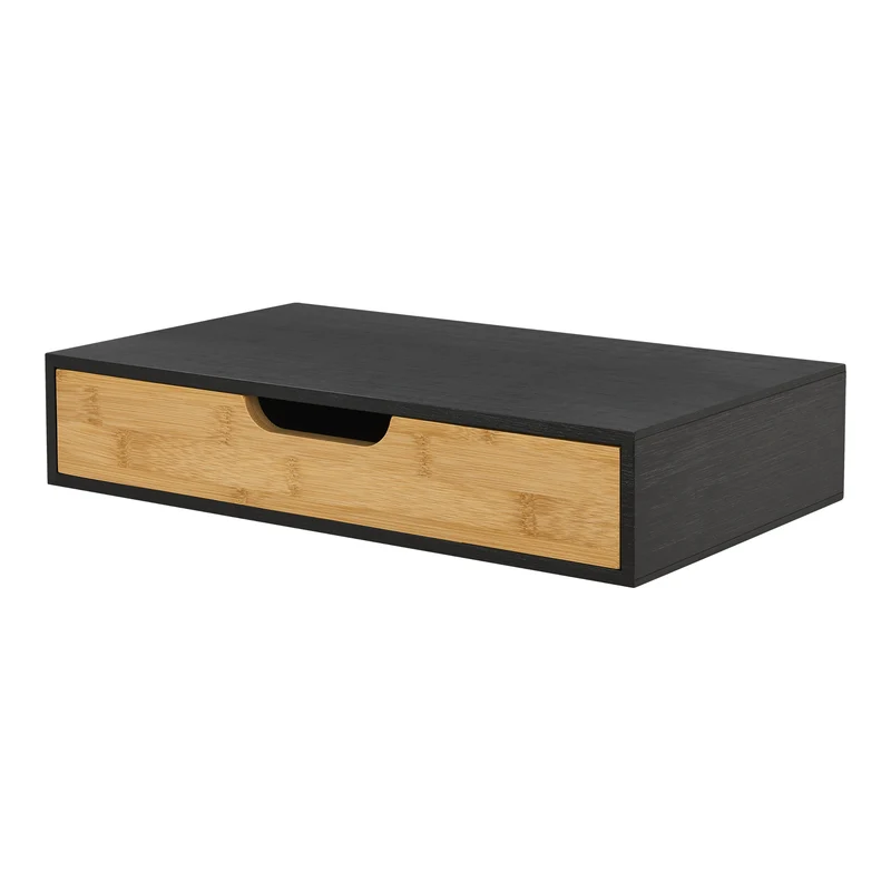 Étagère design intemporel salon chambre meuble de rangement murale avec tiroir bambou 40 x 24 x 8 cm noir 03_0011232