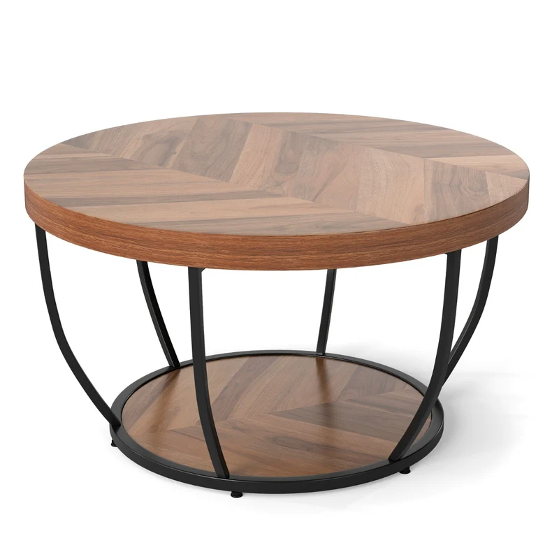 Table basse ronde 80 x 80 x 45 cm avec 2 niveaux espace de rangement style rustique industriel en bois naturel noir 20_0019201