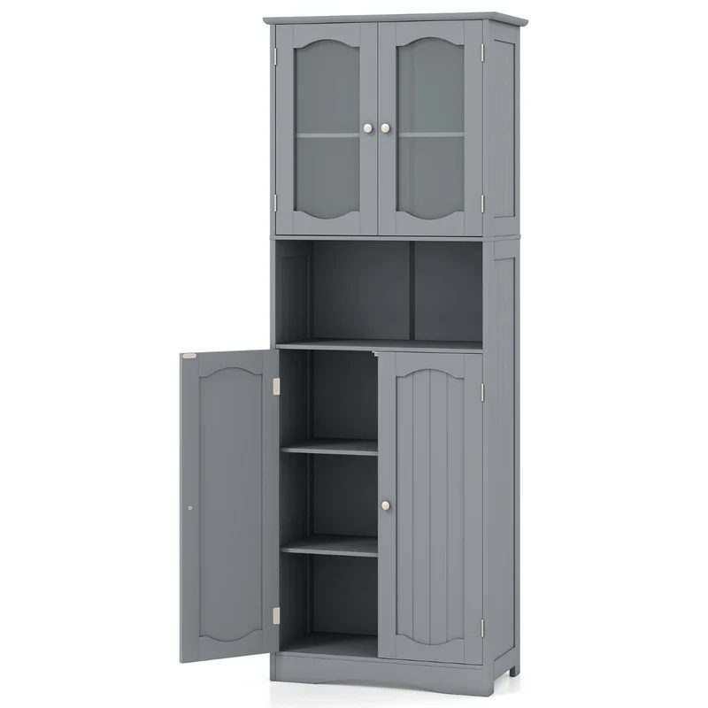 Armoire de rangement haute 60 x 30 x 164 cm avec 2 étagères réglables et 3 compartiments ouverts style moderne en MDF gris 20_0010233