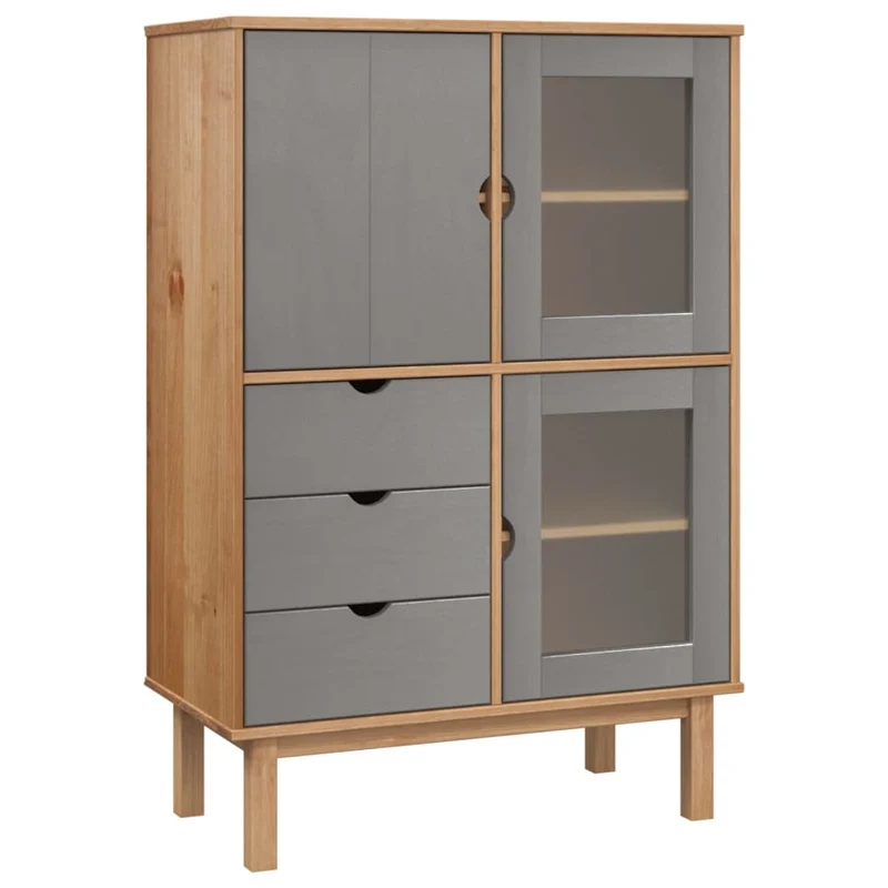 Buffet bahut commode armoire meuble de rangement organisateur cuisine salle de séjour salon haut et 85 x 43 x 125 cm bois massif de pin gris 02_0035152