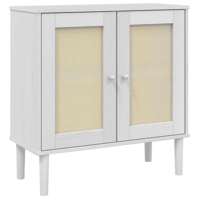 Buffet bahut commode armoire meuble de rangement organisateur cuisine salle de séjour salon aspect rotin 80 x 35 x 80 cm bois massif de pin blanc 02_0036224