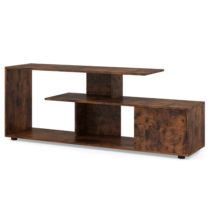 Meuble tv multimédia 152 x 38 x 58,5 cm avec rangement pratique design asymétrique en bois marron rustique 20_0012810