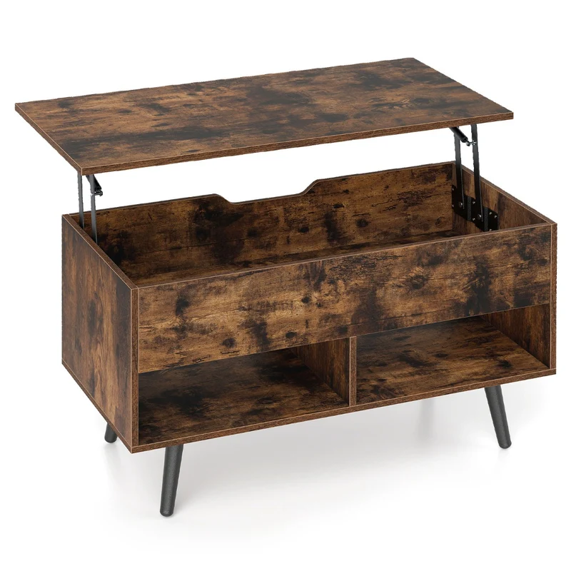 Table basse relevable 80 x 40 x 58 cm avec rangement caché et pieds en bois solide style moderne en bois d'ingénierie café 20_0013795