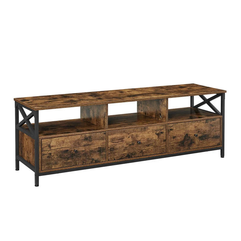Meuble télé support TV rangement téléviseur jusqu'à 65 pouces avec 3 tiroirs et étagères 147 x 40 x 50 cm style industriel campagnard cadre en acier marron 12_0006549