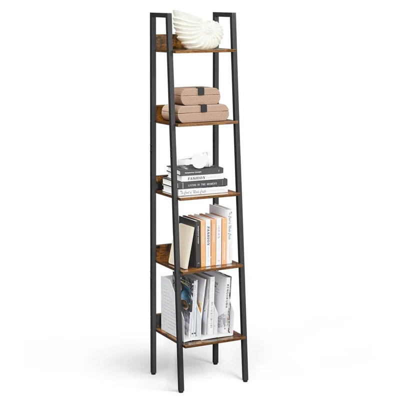 Étagère échelle bibliothèque à 5 niveaux meuble de rangement sur pied pour salon chambre cuisine cadre en acier facile à assembler 33,8 x 30 x 170 cm marron 12_0005740