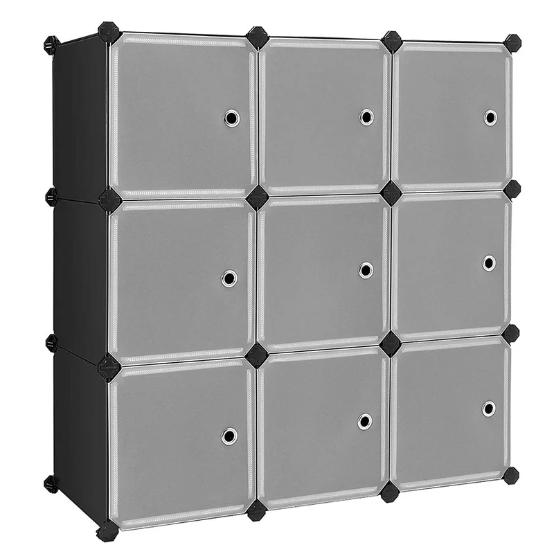 Étagère de rangement 9 casiers armoire en plastique avec porte diy stable assemblage facile noir 12_0005701
