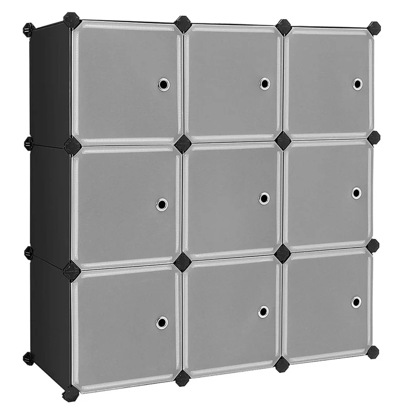Meuble de rangement modulable 9 compartiments étagère en plastique avec portes pour vêtements chaussures jouets livres assemblage facile noir 12_0003571