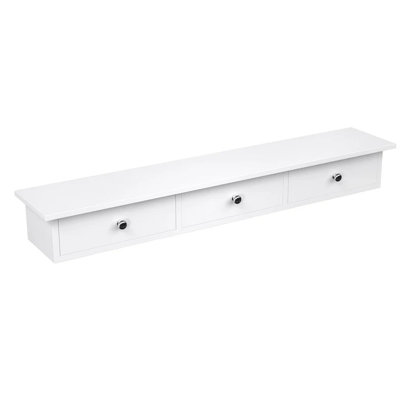 Étagère murale 3 tiroirs flottante avec meuble de rangement mur 80 x 15 x 10 cm pour couloir salon chambre à coucher cuisine peinture haute brillance blanc 12_0002399