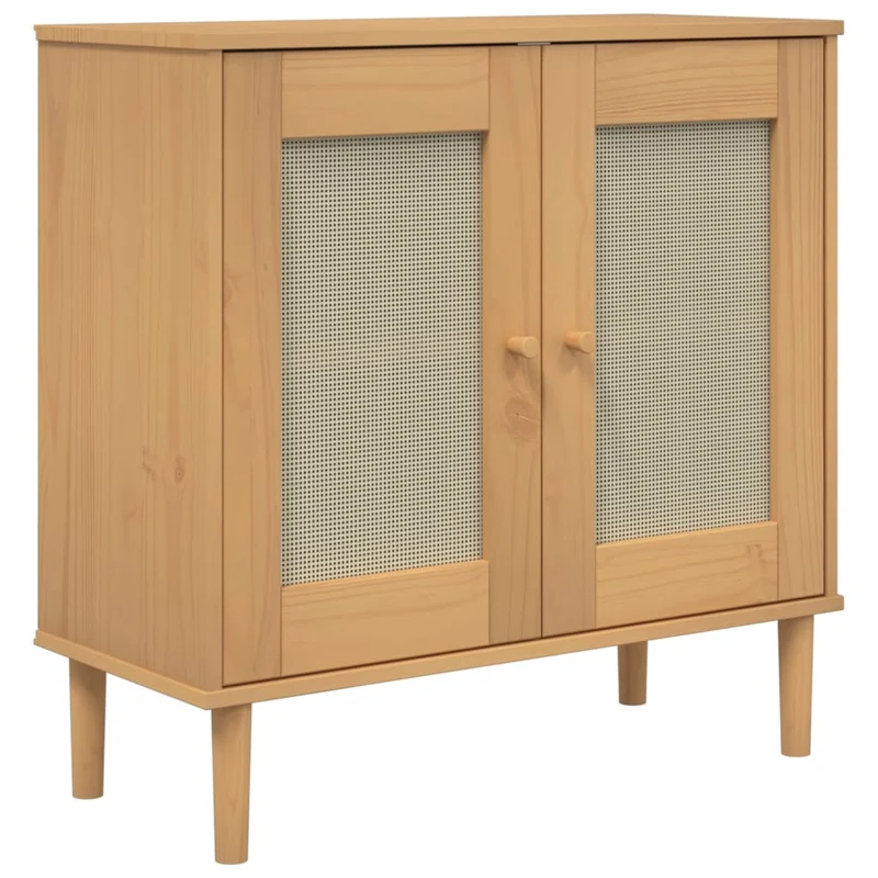 Buffet bahut commode armoire meuble de rangement organisateur cuisine salle de séjour salon aspect rotin 80 x 35 x 80 cm bois massif de pin marron 02_0036231