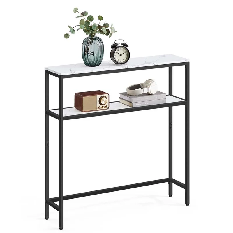 Console pour couloir table de salon fine à 2 niveaux 20 x 120 x 80 cm table d’appoint avec 2 étagères pour salon chambre blanc marbré et noir 12_0005227