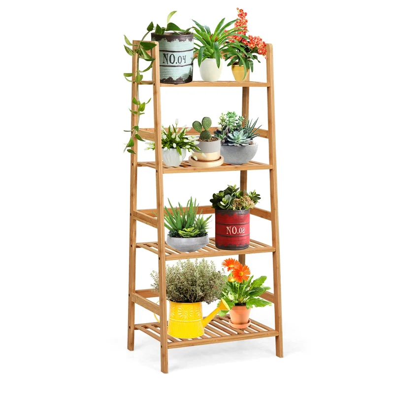 Bibliothèque à 4 étages en bambou 48 x 32 x 115 cm grande capacité rangement moderne en bambou nature 20_0010724