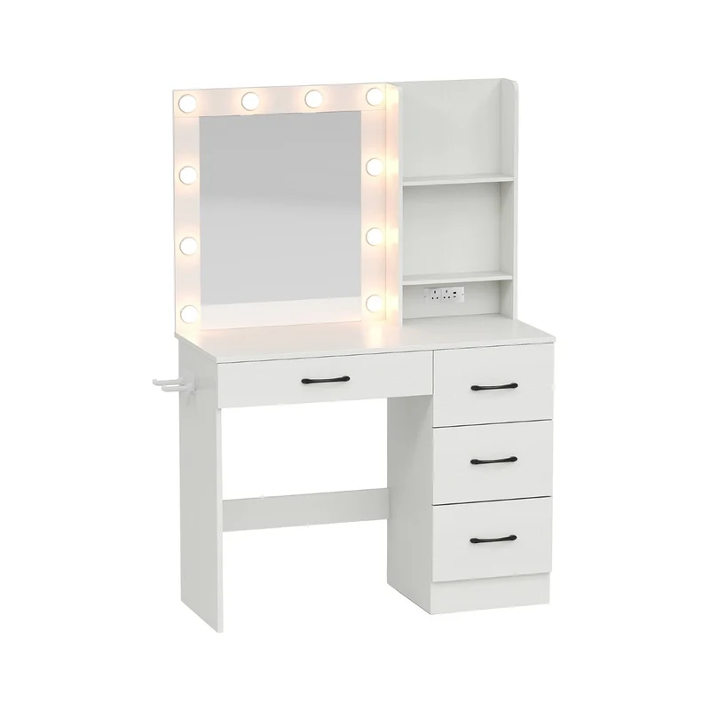 Table de maquillage 94 x 40 x 138,5 cm avec miroir LED 3 couleurs et station de charge moderne en bois aggloméré blanc 20_0014016