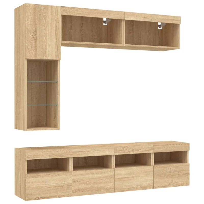 Ensemble de meubles armoire buffet TV télévision salon chambre séjour murau x 7pièces et lumières LED chêne sonoma brun 02_0025374