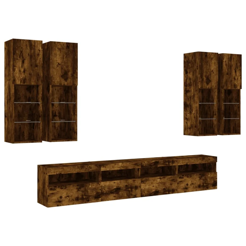 Ensemble de meubles armoire buffet TV télévision salon chambre séjour murau x 7 pièces et lumières LED chêne fumé brun 02_0025363