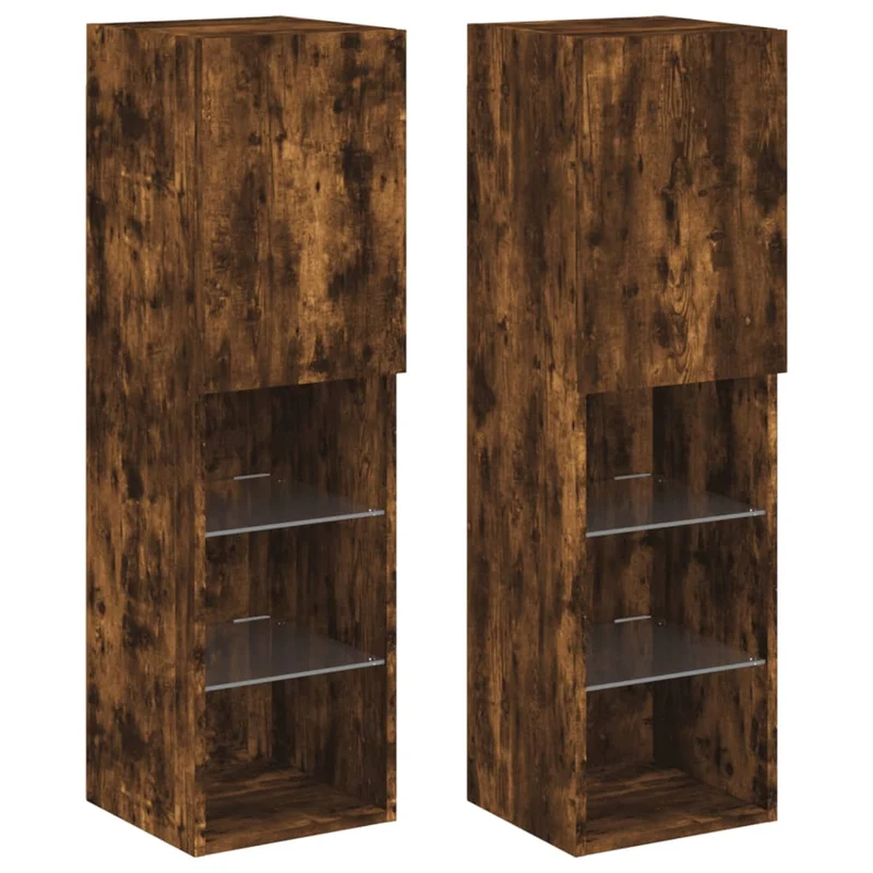 Meubles TV multimédia étagère télévision buffet téléviseur salle à manger salon chambre avec lumières LED 2 pièces chêne fumé 30,5 x 30 x 102 cm brun 02_0028863