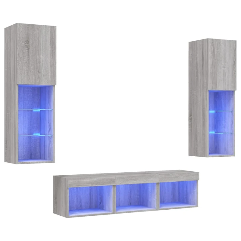 Meubles TV multimédia étagère télévision buffet téléviseur salle à manger salon chambre avec LED 5 pièces sonoma bois d'ingénierie gris 02_0029422