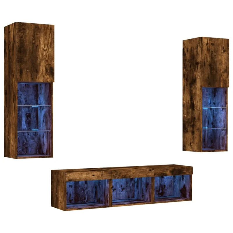 Meubles TV multimédia étagère télévision buffet téléviseur salle à manger salon chambre avec LED 5 pièces chêne fumé bois d'ingénierie brun 02_0029408
