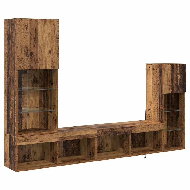 Meubles TV muraux 4 pcs avec étagères et éclairage LED design contemporain salon finition lisse en bois ancien 02_0056091