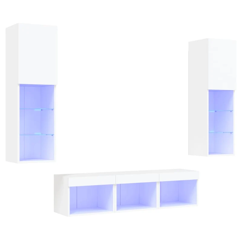 Meubles TV multimédia étagère télévision buffet téléviseur salle à manger salon chambre avec LED 5 pièces bois d'ingénierie blanc 02_0029380