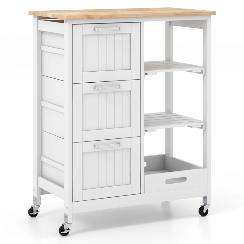 Desserte de cuisine avec roulette 67 x 37 x 82 cm grand espace de rangement style moderne en bois hévéa blanc 20_0019326