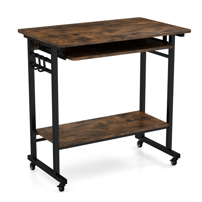 Bureau roulant pour ordinateur avec plateau de clavier 35 x 30 x 80 cm design moderne et fonctionnel en bois acacia marron 20_0019396
