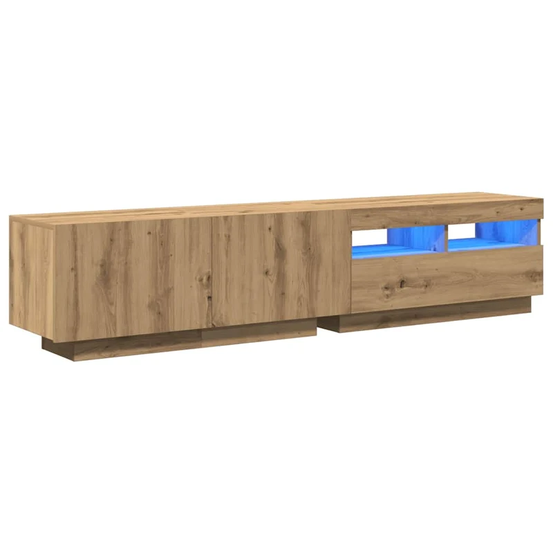 Meuble TV avec lumières LED design contemporain 180 x 35 x 40 cm grand espace de rangement en bois d'ingénierie chêne artisanal 02_0055884