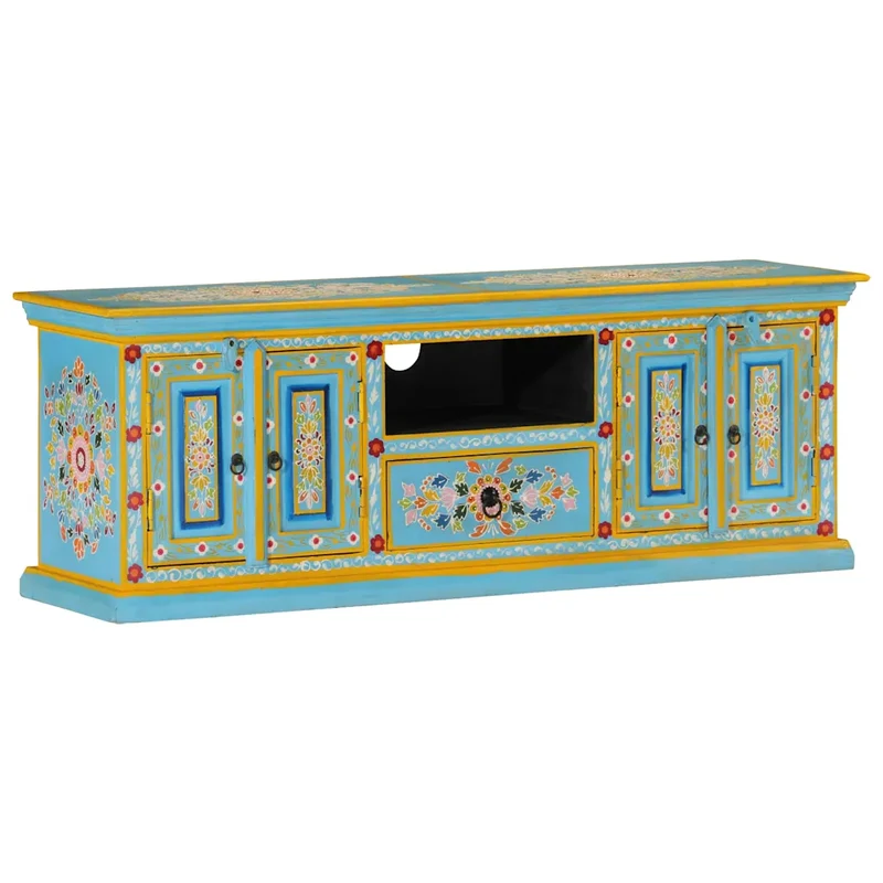 Meuble TV rétro avec rangement pratique salon 110 x 30 x 40 cm en bois de manguier bleu 02_0047154