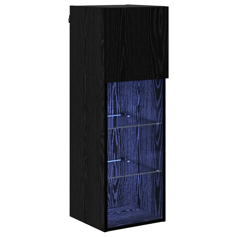 Meuble TV mural moderne avec étagères et éclairage LED 30,5 x 30 x 90 cm en bois d'ingénierie chêne noir 02_0052814