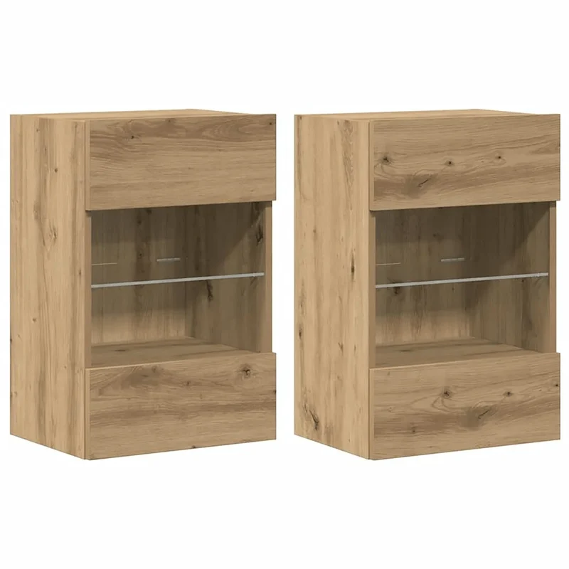 Lot de 2 meubles muraux design contemporain avec lumière LED espace de rangement 40 x 30 x 60,5 cm en bois d'ingénierie chêne artisanal 02_0051177