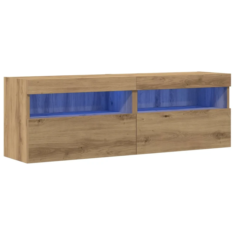 Lot de 2 meubles TV muraux modernes avec éclairage LED 60 x 30 x 40 cm en bois d'ingénierie chêne artisanal 02_0051840