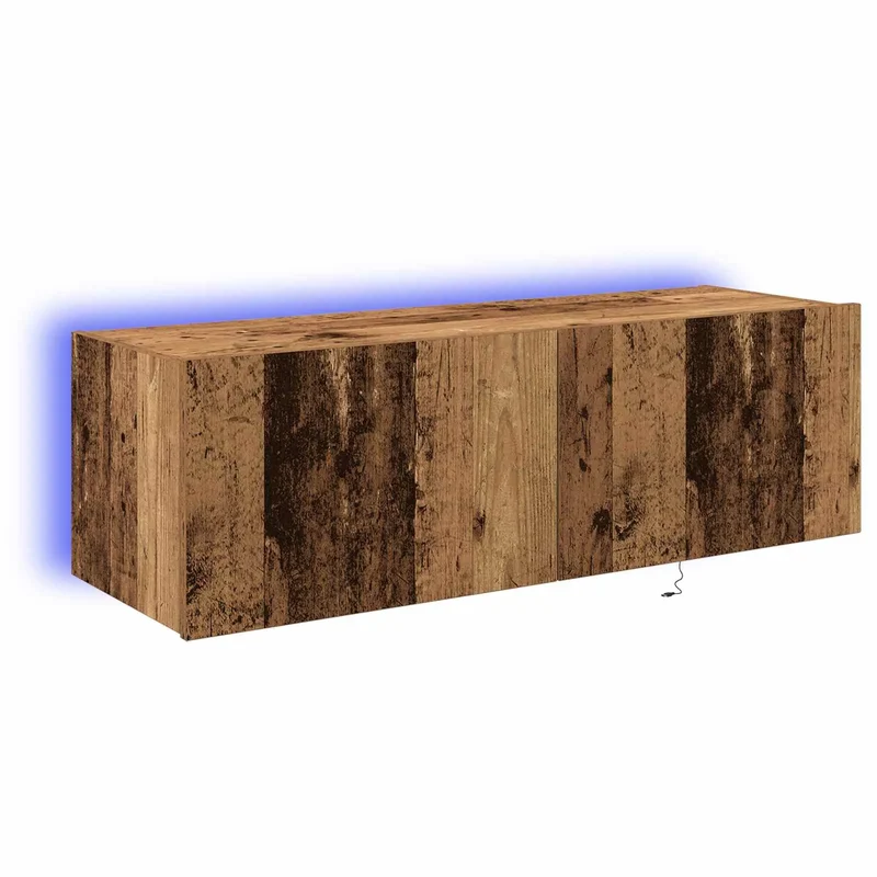 Meuble TV mural moderne peu encombrant 100 x 35 x 31 cm avec éclairage LED ambiance cosy en bois ancien 02_0051938