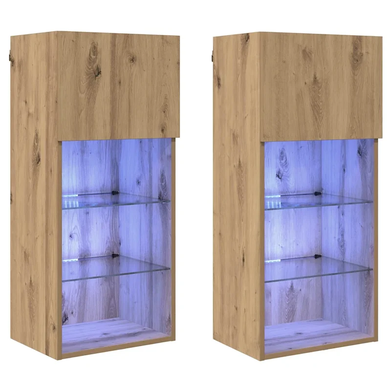 Lot de 2 meubles TV muraux modernes 40,5 x 30 x 90 cm avec étagères pratiques style contemporain en bois d'ingénierie chêne artisanal 02_0052819