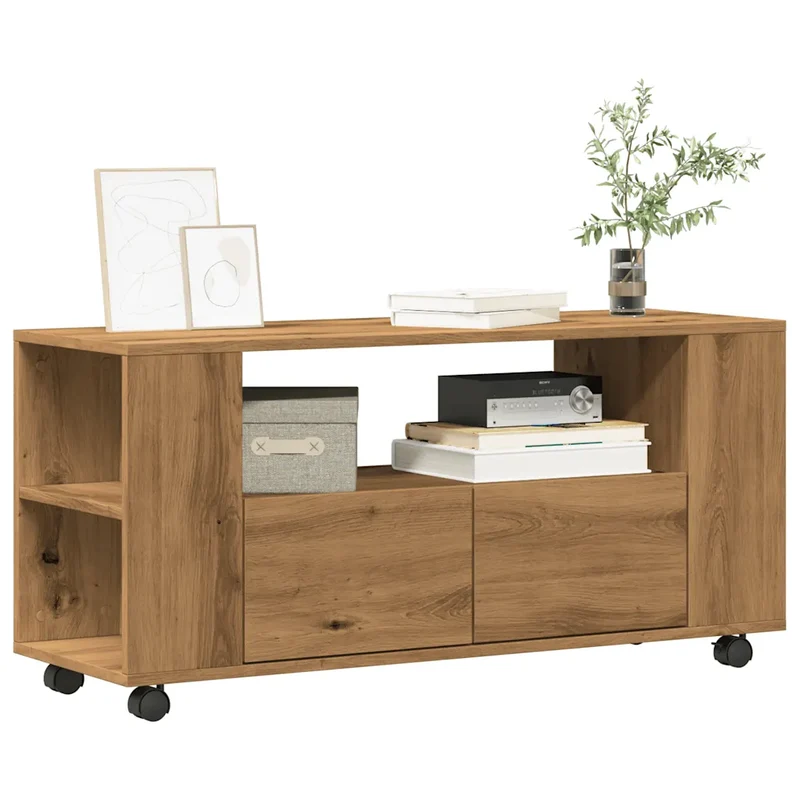 Meuble TV avec roulettes moderne rangement pratique 102 x 34,5 x 43 cm en bois d'ingénierie chêne artisanal 02_0050702