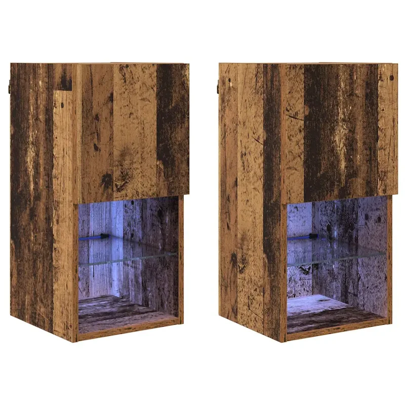 Lot de 2 meubles TV muraux rectangulaires modernes 30,5 x 30 x 60 cm avec éclairage LED ambiance cosy en bois ancien 02_0052805