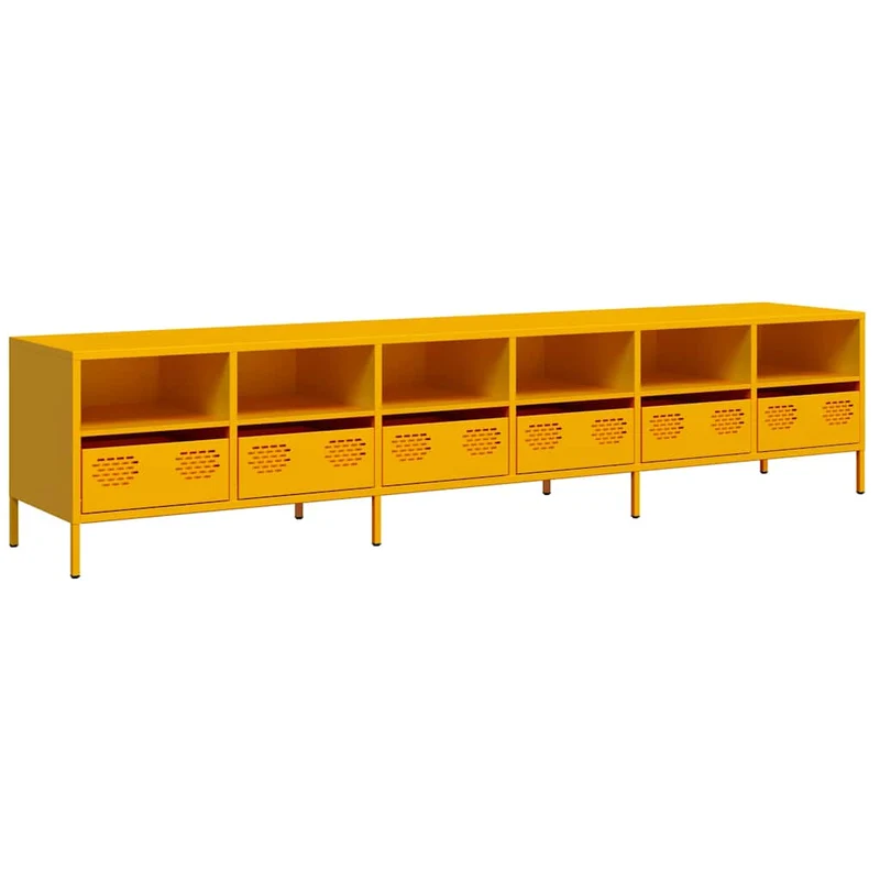 Meuble TV moderne avec grand espace de rangement 202 x 39 x 43 cm en acier laminé à froid jaune moutarde 02_0055641