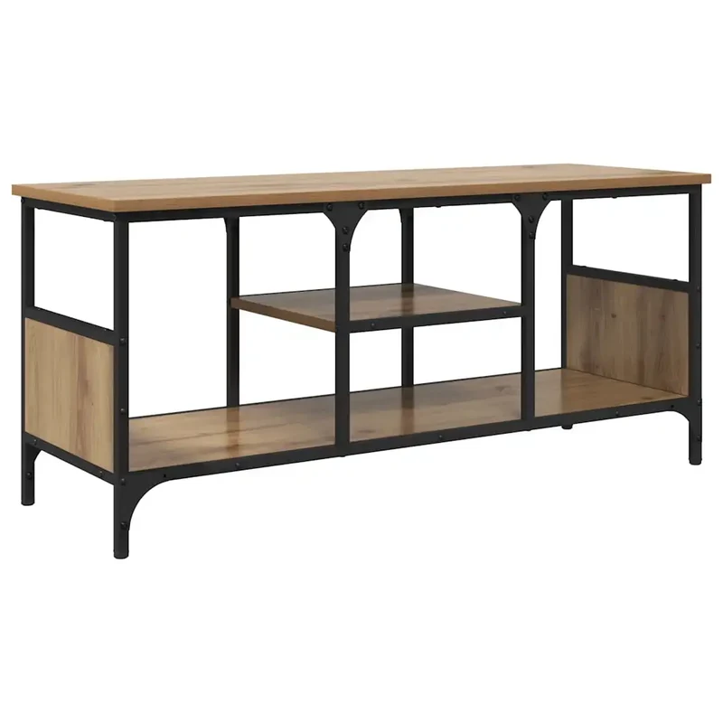 Meuble TV rectangulaire rustique avec rangement 100 x 35 x 45 cm style traditionnel en bois chêne artisanal 02_0052726