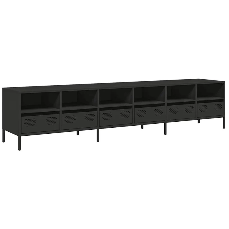 Meuble TV noir moderne avec grand espace de rangement 202 x 39 x 43 cm en acier laminé à froid noir 02_0055638
